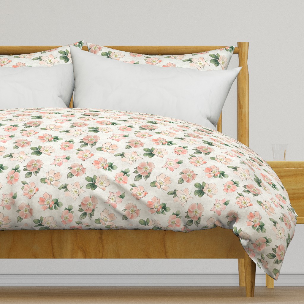 Wild Rose on White Linen, Coral Blush Large Non-directional Floral