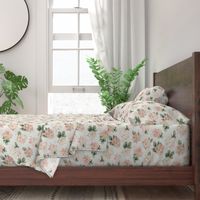 Wild Rose on White Linen, Coral Blush Large Non-directional Floral