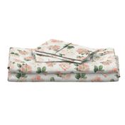 Wild Rose on White Linen, Coral Blush Large Non-directional Floral