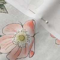 Wild Rose on White Linen, Coral Blush Large Non-directional Floral