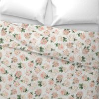 Wild Rose on White Linen, Coral Blush Large Non-directional Floral