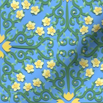 Yellow and Green Buttercup Flower on Blue Damask