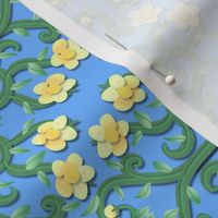 Yellow and Green Buttercup Flower on Blue Damask