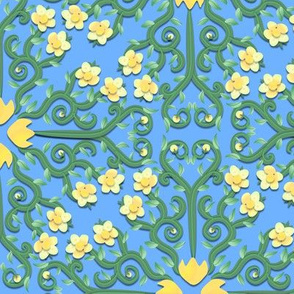 Yellow and Green Buttercup Flower on Blue Damask