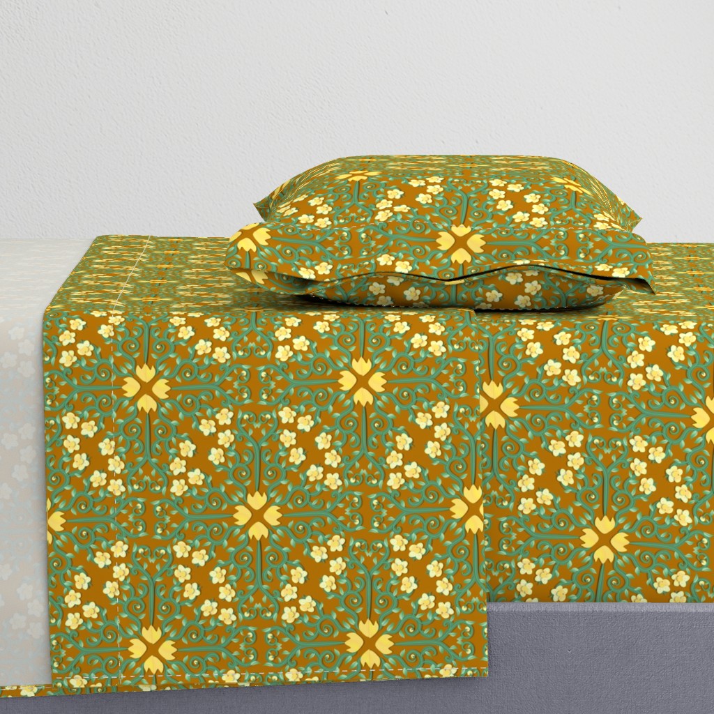 Yellow and Green Buttercup Flower Damask on Brown