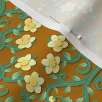 Yellow and Green Buttercup Flower Damask on Brown