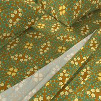 Yellow and Green Buttercup Flower Damask on Brown