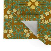 Yellow and Green Buttercup Flower Damask on Brown