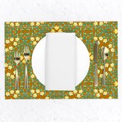 Yellow and Green Buttercup Flower Damask on Brown