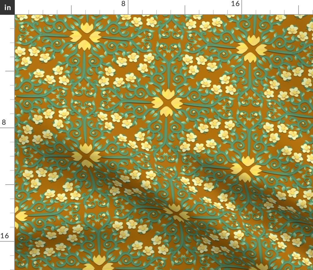 Yellow and Green Buttercup Flower Damask on Brown