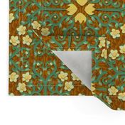 Yellow and Green Buttercup Damask Flowers on Textured Brown