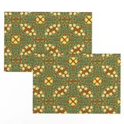 Yellow and Green Buttercup Damask Flowers on Textured Brown