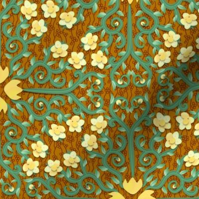 Yellow and Green Buttercup Damask Flowers on Textured Brown