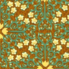 Yellow and Green Buttercup Damask Flowers on Textured Brown