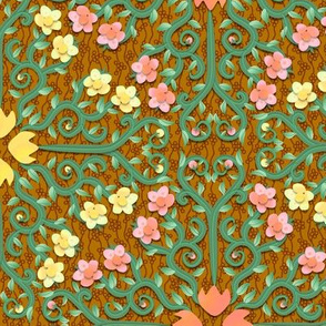 Pink and Yellow Buttercup Flower Damask on Textured Brown