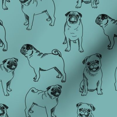 pug dog fabric - pugs, pug fabric, dog fabric, dogs fabric, cute pug dog  - blue