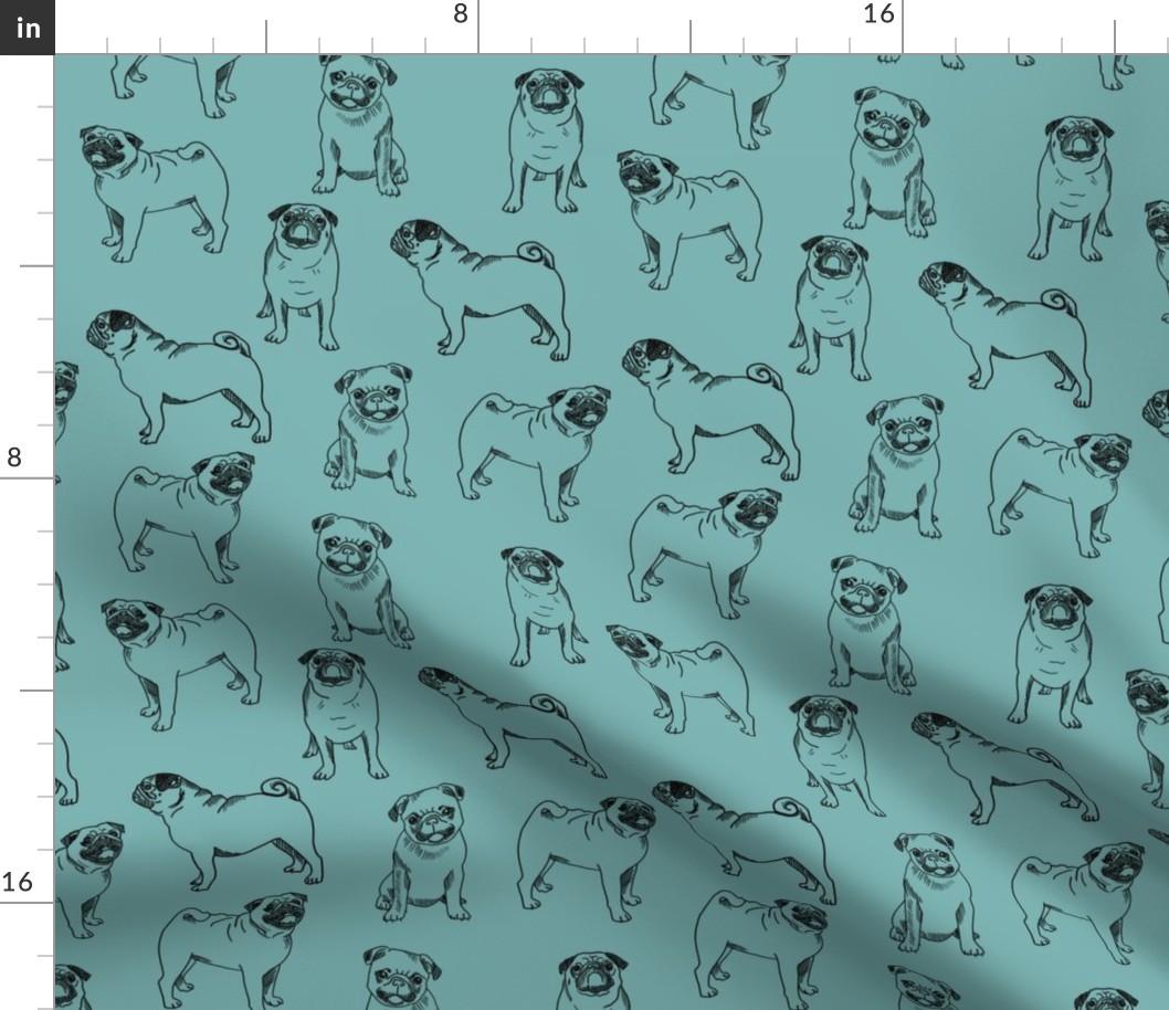 pug dog fabric - pugs, pug fabric, dog fabric, dogs fabric, cute pug dog  - blue