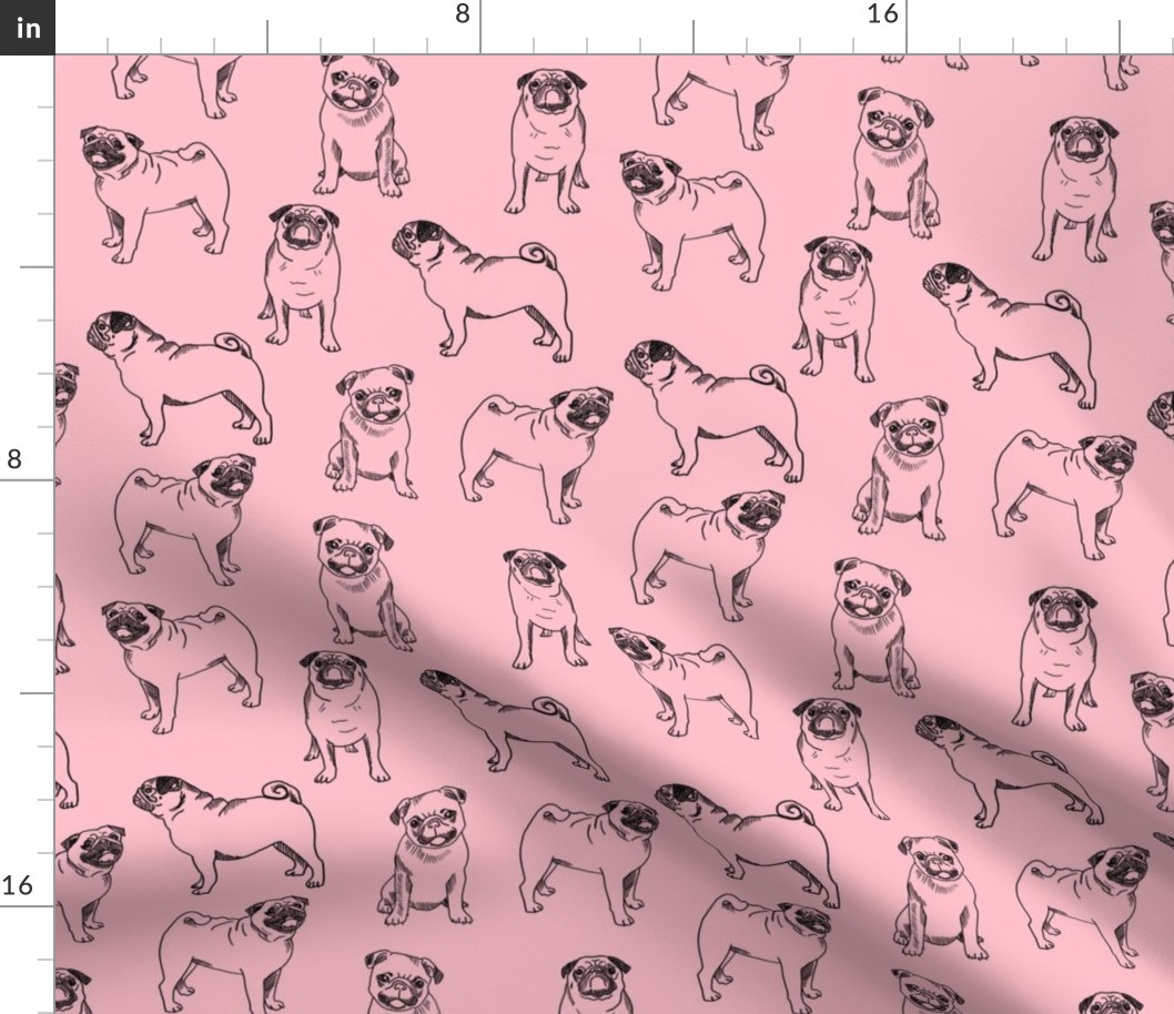 pug dog fabric - pugs, pug fabric, dog fabric, dogs fabric, cute pug dog  - pink