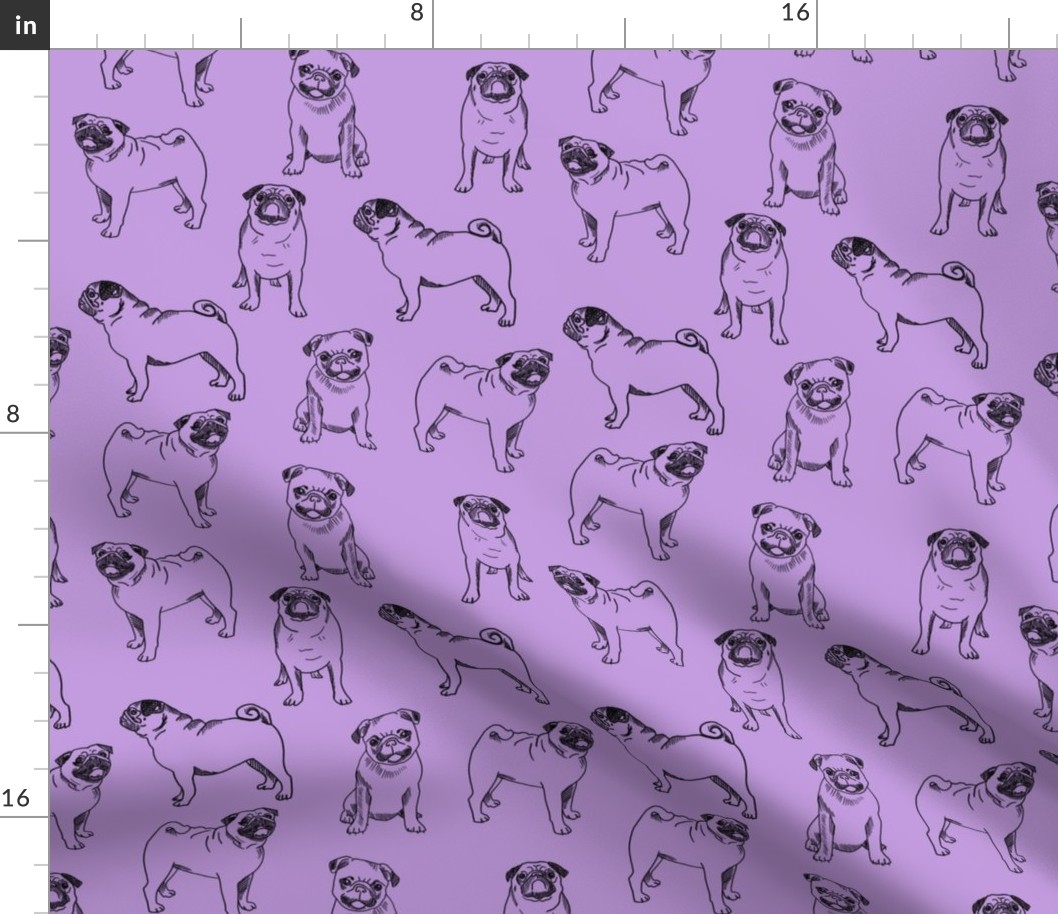 pug dog fabric - pugs, pug fabric, dog fabric, dogs fabric, cute pug dog  -purple