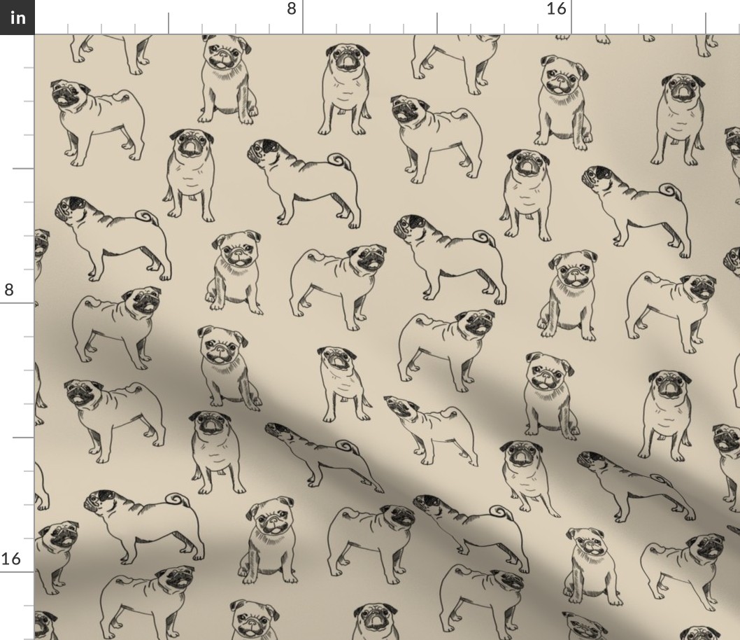 pug dog fabric - pugs, pug fabric, dog fabric, dogs fabric, cute pug dog  - tan