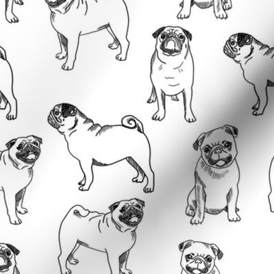 pug dog fabric - pugs, pug fabric, dog fabric, dogs fabric, cute pug dog  - black and white