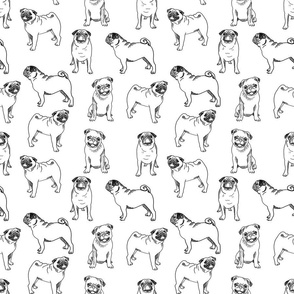 pug dog fabric - pugs, pug fabric, dog fabric, dogs fabric, cute pug dog  - black and white