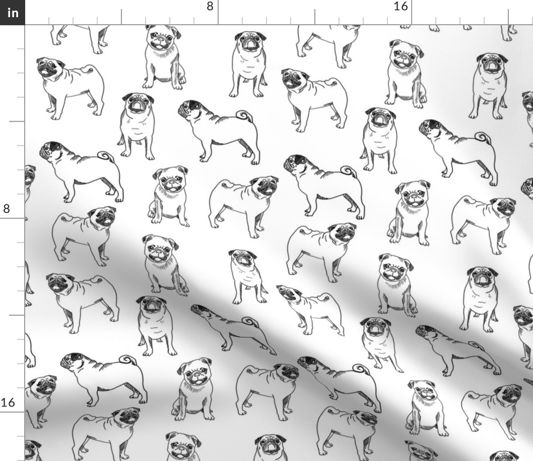 pug dog fabric - pugs, pug fabric, dog fabric, dogs fabric, cute pug dog  - black and white