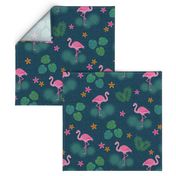 Flamingo tropical leaves pink green mid-century modern Wallpaper