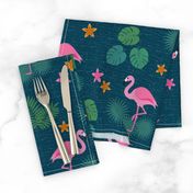 Flamingo tropical leaves pink green mid-century modern Wallpaper