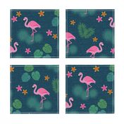 Flamingo tropical leaves pink green mid-century modern Wallpaper