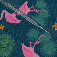 Flamingo tropical leaves pink green mid-century modern Wallpaper