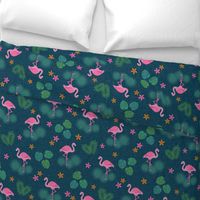 Flamingo tropical leaves pink green mid-century modern Wallpaper