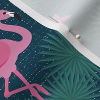 Flamingo tropical leaves pink green mid-century modern Wallpaper