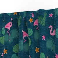 Flamingo tropical leaves pink green mid-century modern Wallpaper