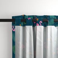 Flamingo tropical leaves pink green mid-century modern Wallpaper