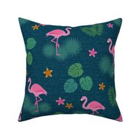 Flamingo tropical leaves pink green mid-century modern Wallpaper