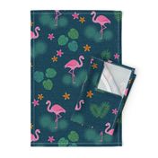 Flamingo tropical leaves pink green mid-century modern Wallpaper