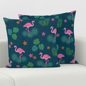 Flamingo tropical leaves pink green mid-century modern Wallpaper