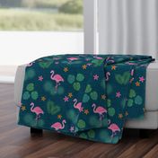 Flamingo tropical leaves pink green mid-century modern Wallpaper