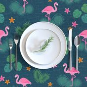 Flamingo tropical leaves pink green mid-century modern Wallpaper