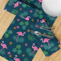 Flamingo tropical leaves pink green mid-century modern Wallpaper