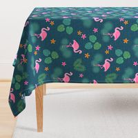 Flamingo tropical leaves pink green mid-century modern Wallpaper