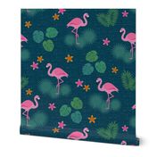 Flamingo tropical leaves pink green mid-century modern Wallpaper