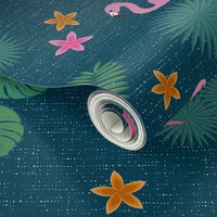 Flamingo tropical leaves pink green mid-century modern Wallpaper