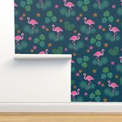 Flamingo tropical leaves pink green mid-century modern Wallpaper