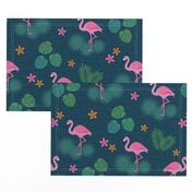 Flamingo tropical leaves pink green mid-century modern Wallpaper