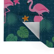 Flamingo tropical leaves pink green mid-century modern Wallpaper