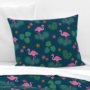 Flamingo tropical leaves pink green mid-century modern Wallpaper