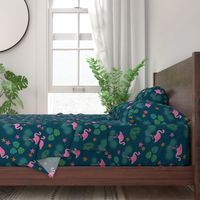 Flamingo tropical leaves pink green mid-century modern Wallpaper