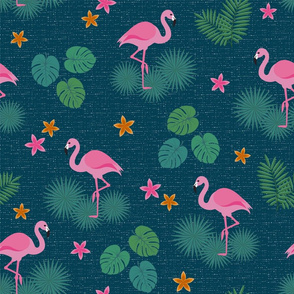 Flamingo tropical leaves pink green mid-century modern Wallpaper